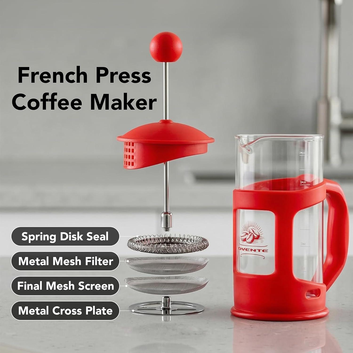image:imageOVENTE French Press Coffee Maker 34 Ounce with Heat Resistant Borosilicate Glass amp Stainless Steel 4Level Filtration System Portable Cold Brew Coffee Maker for Travel Camping or Gift Black FPT34BRed