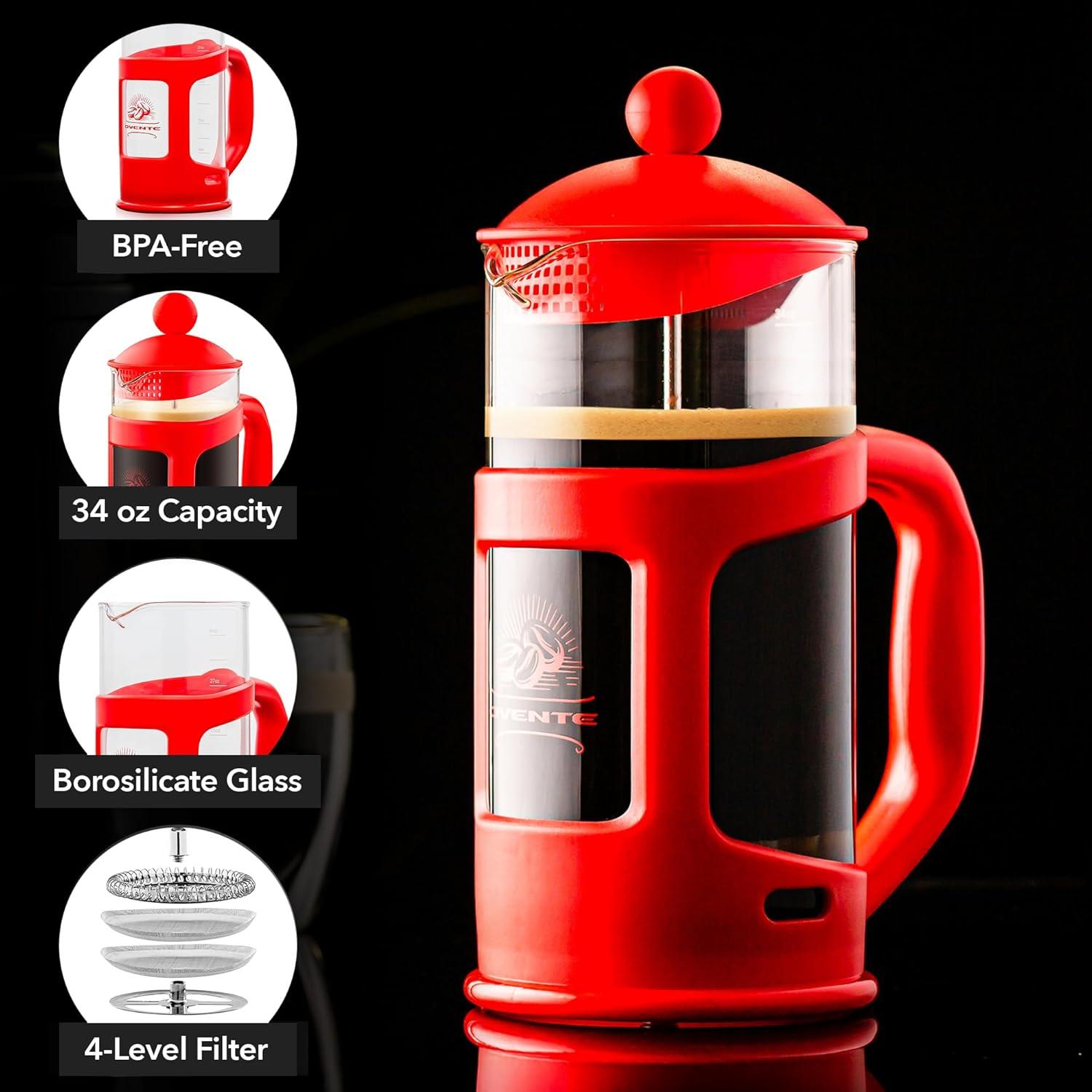 image:imageOVENTE French Press Coffee Maker 34 Ounce with Heat Resistant Borosilicate Glass amp Stainless Steel 4Level Filtration System Portable Cold Brew Coffee Maker for Travel Camping or Gift Black FPT34BRed