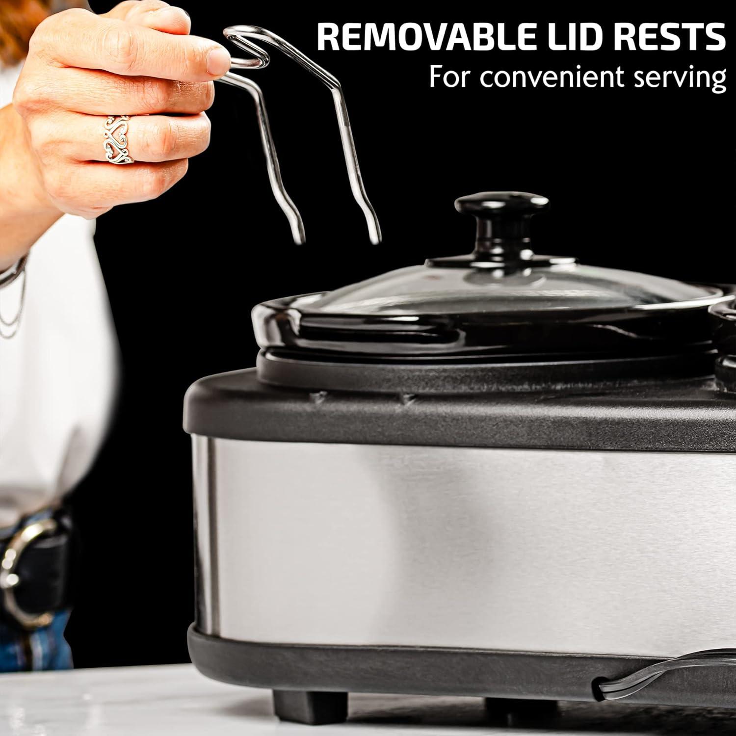image:imageOVENTE Stainless Steel Triple Slow Cooker Buffet Server with Glass Lid amp Temperature Control 3 Section Station Portable 45 QT Ceramic Pot Food Warmer Easy Clean for Holiday Dinner Silver SLO315CBR