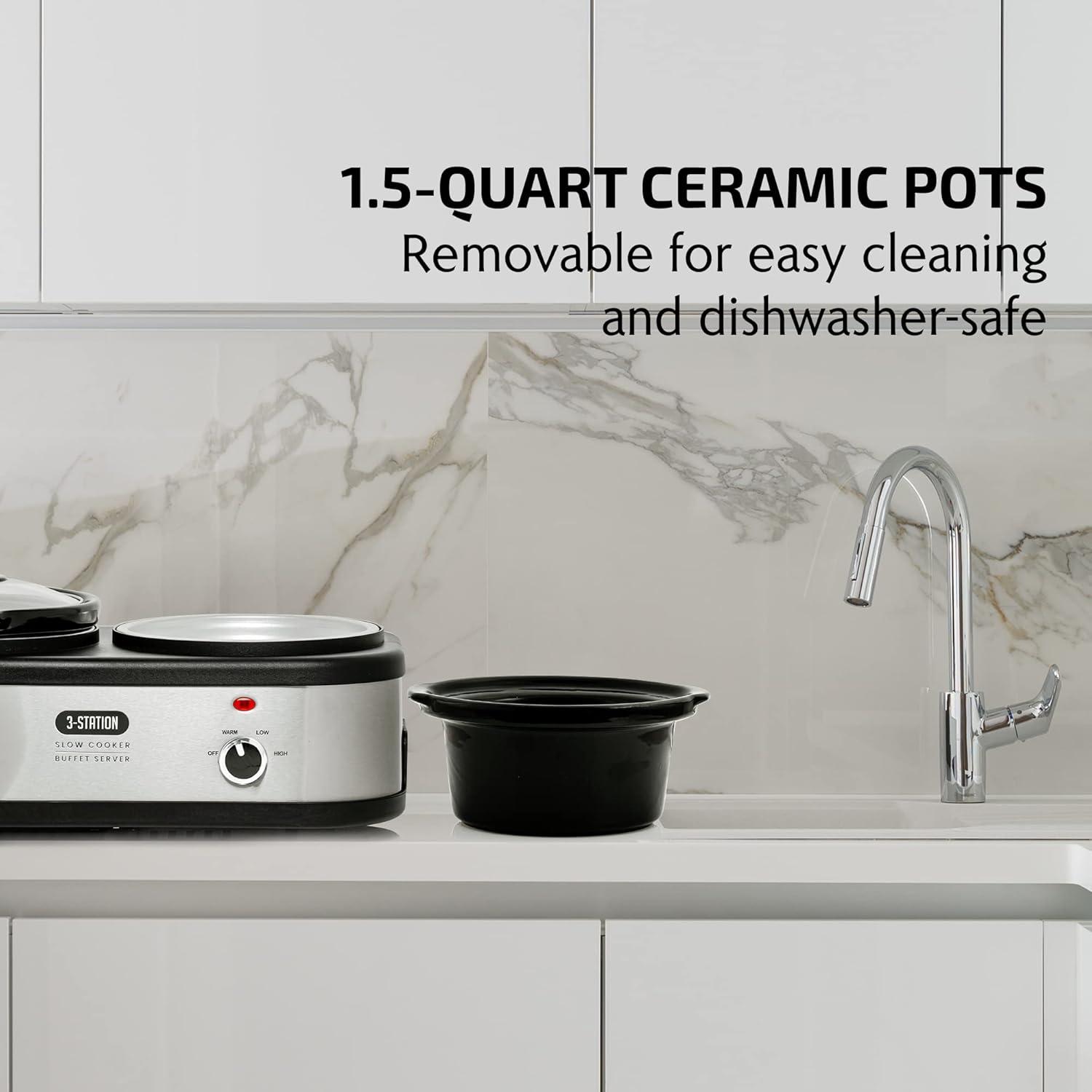 image:imageOVENTE Stainless Steel Triple Slow Cooker Buffet Server with Glass Lid amp Temperature Control 3 Section Station Portable 45 QT Ceramic Pot Food Warmer Easy Clean for Holiday Dinner Silver SLO315CBR