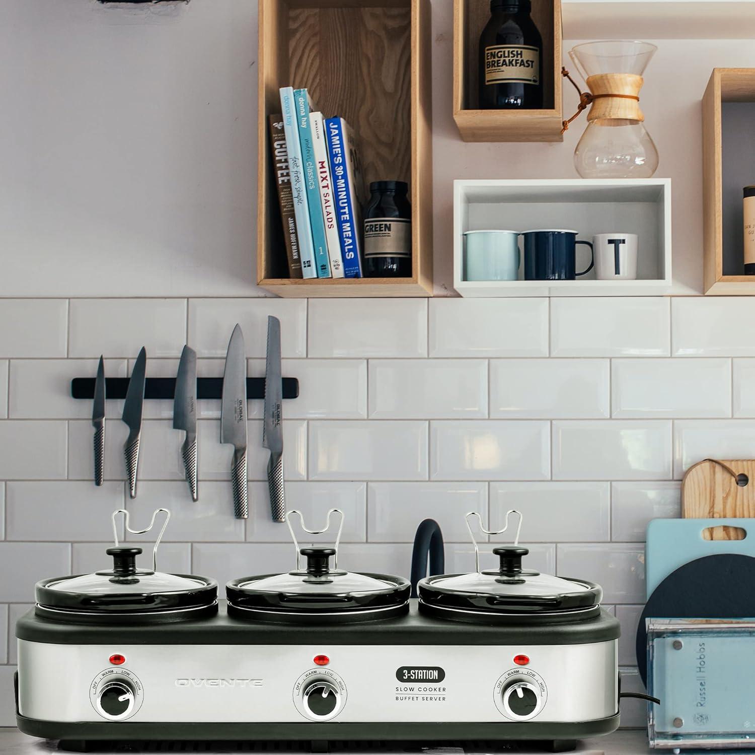 image:imageOVENTE Stainless Steel Triple Slow Cooker Buffet Server with Glass Lid amp Temperature Control 3 Section Station Portable 45 QT Ceramic Pot Food Warmer Easy Clean for Holiday Dinner Silver SLO315CBR