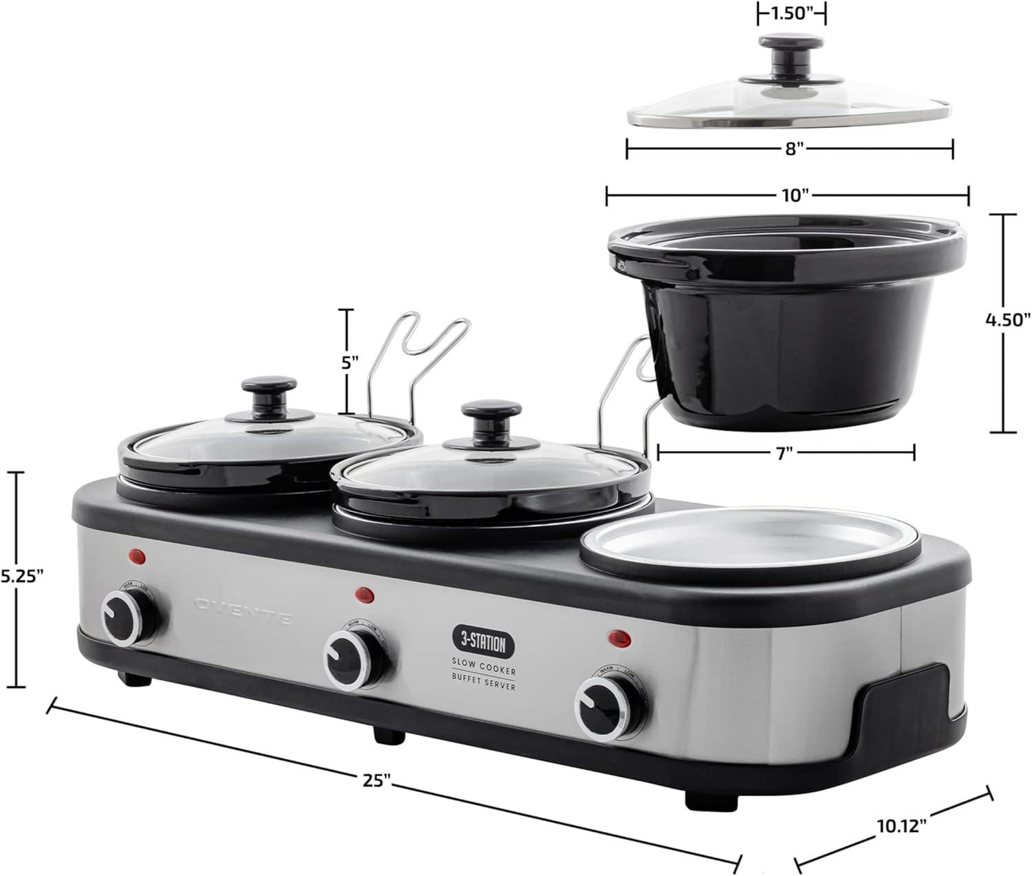 image:imageOVENTE Stainless Steel Triple Slow Cooker Buffet Server with Glass Lid amp Temperature Control 3 Section Station Portable 45 QT Ceramic Pot Food Warmer Easy Clean for Holiday Dinner Silver SLO315CBR