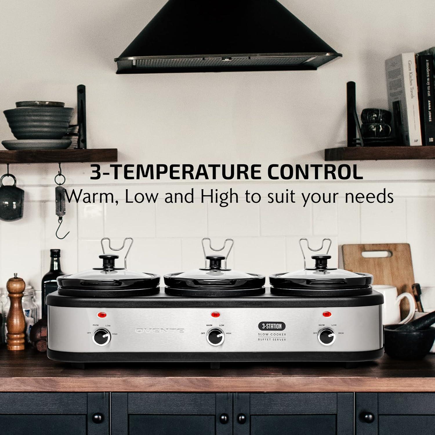 image:imageOVENTE Stainless Steel Triple Slow Cooker Buffet Server with Glass Lid amp Temperature Control 3 Section Station Portable 45 QT Ceramic Pot Food Warmer Easy Clean for Holiday Dinner Silver SLO315CBR