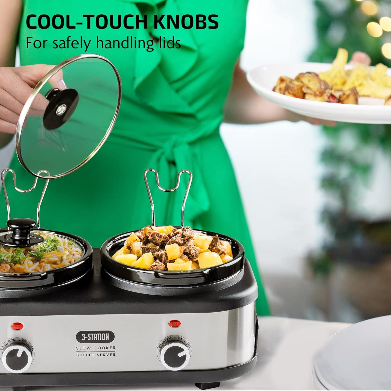 image:imageOVENTE Stainless Steel Triple Slow Cooker Buffet Server with Glass Lid amp Temperature Control 3 Section Station Portable 45 QT Ceramic Pot Food Warmer Easy Clean for Holiday Dinner Silver SLO315CBR