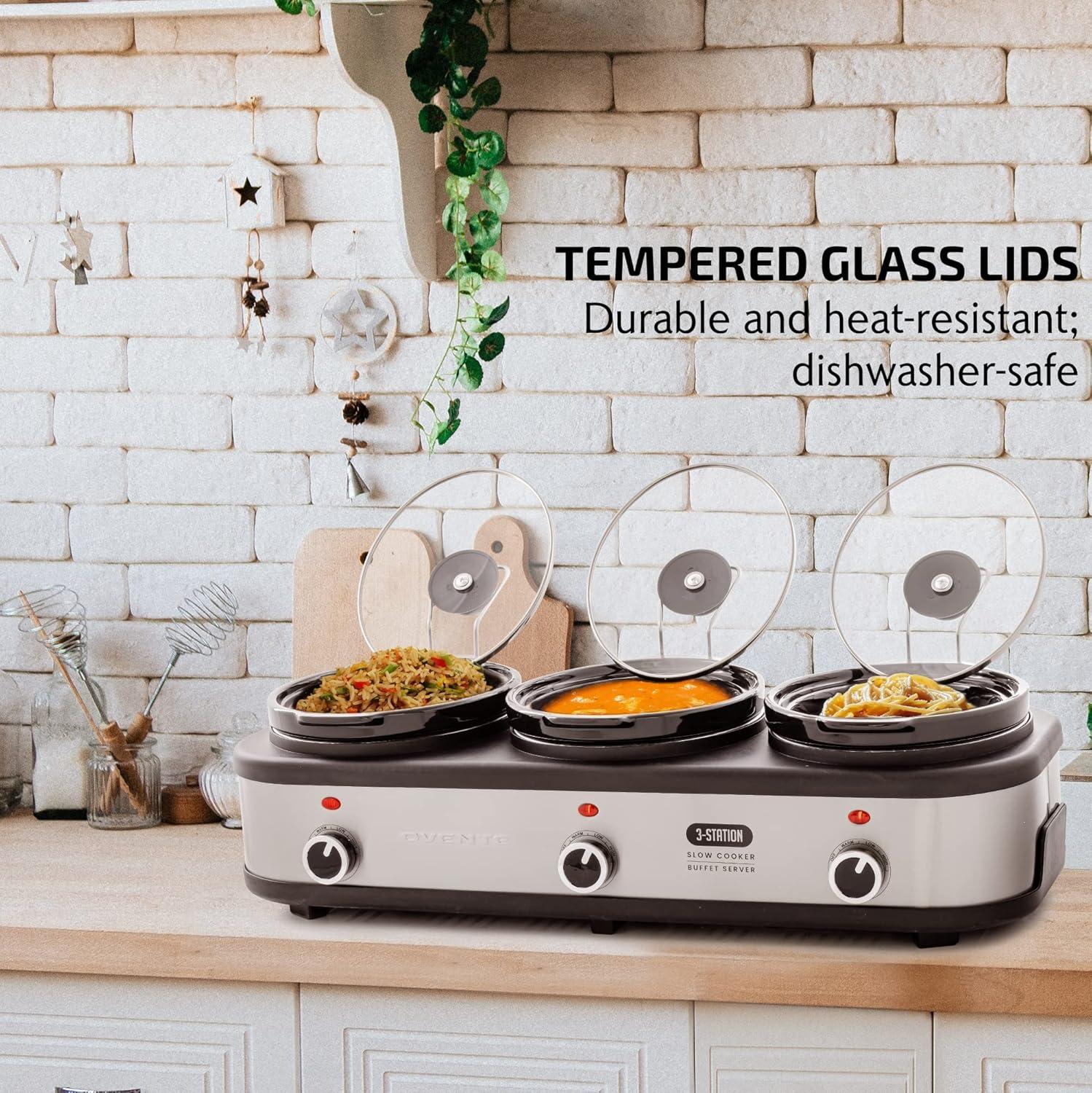 image:imageOVENTE Stainless Steel Triple Slow Cooker Buffet Server with Glass Lid amp Temperature Control 3 Section Station Portable 45 QT Ceramic Pot Food Warmer Easy Clean for Holiday Dinner Silver SLO315CBR