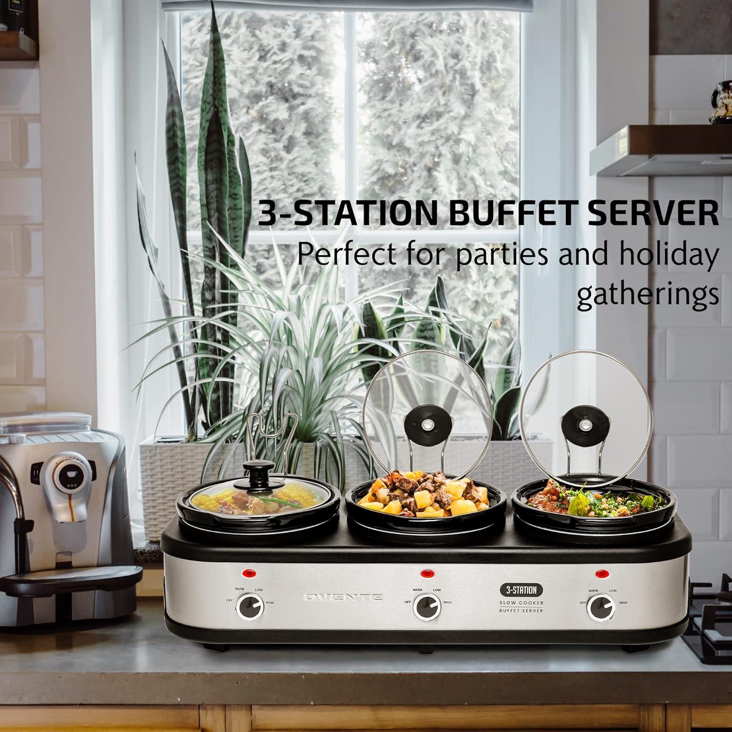image:imageOVENTE Stainless Steel Triple Slow Cooker Buffet Server with Glass Lid amp Temperature Control 3 Section Station Portable 45 QT Ceramic Pot Food Warmer Easy Clean for Holiday Dinner Silver SLO315CBR