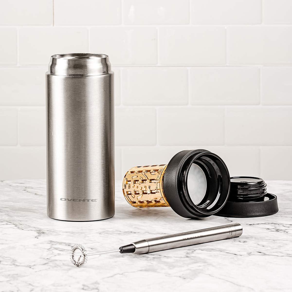 image:imageOvente 2 in 1 Silver Bundle Set with Stainless Steel Handheld Milk Frother and Vacuum Insulated 12 Ounce Travel Mug with Tea Infuser Compact and Portable Easy to Carry Perfect for the Coffee Lover