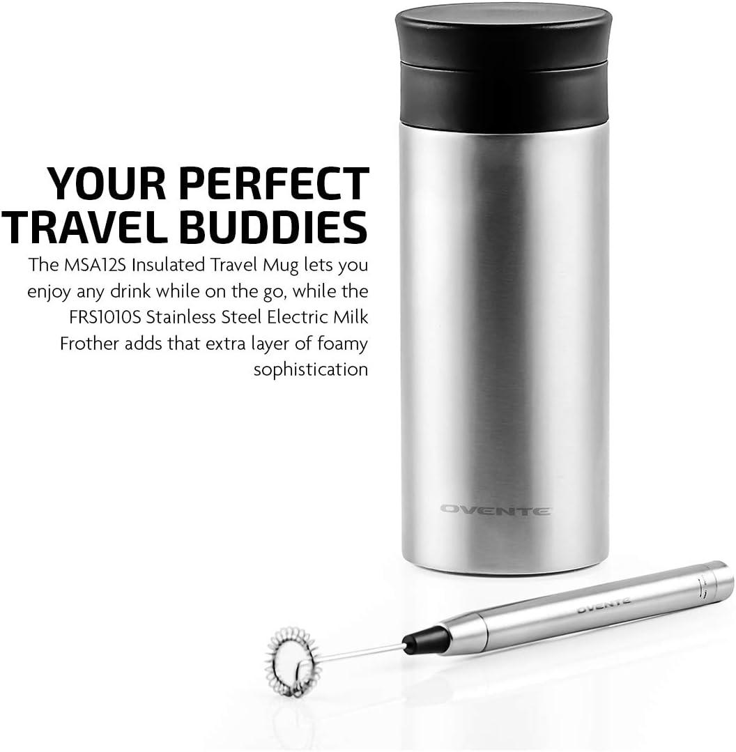 image:imageOvente 2 in 1 Silver Bundle Set with Stainless Steel Handheld Milk Frother and Vacuum Insulated 12 Ounce Travel Mug with Tea Infuser Compact and Portable Easy to Carry Perfect for the Coffee Lover