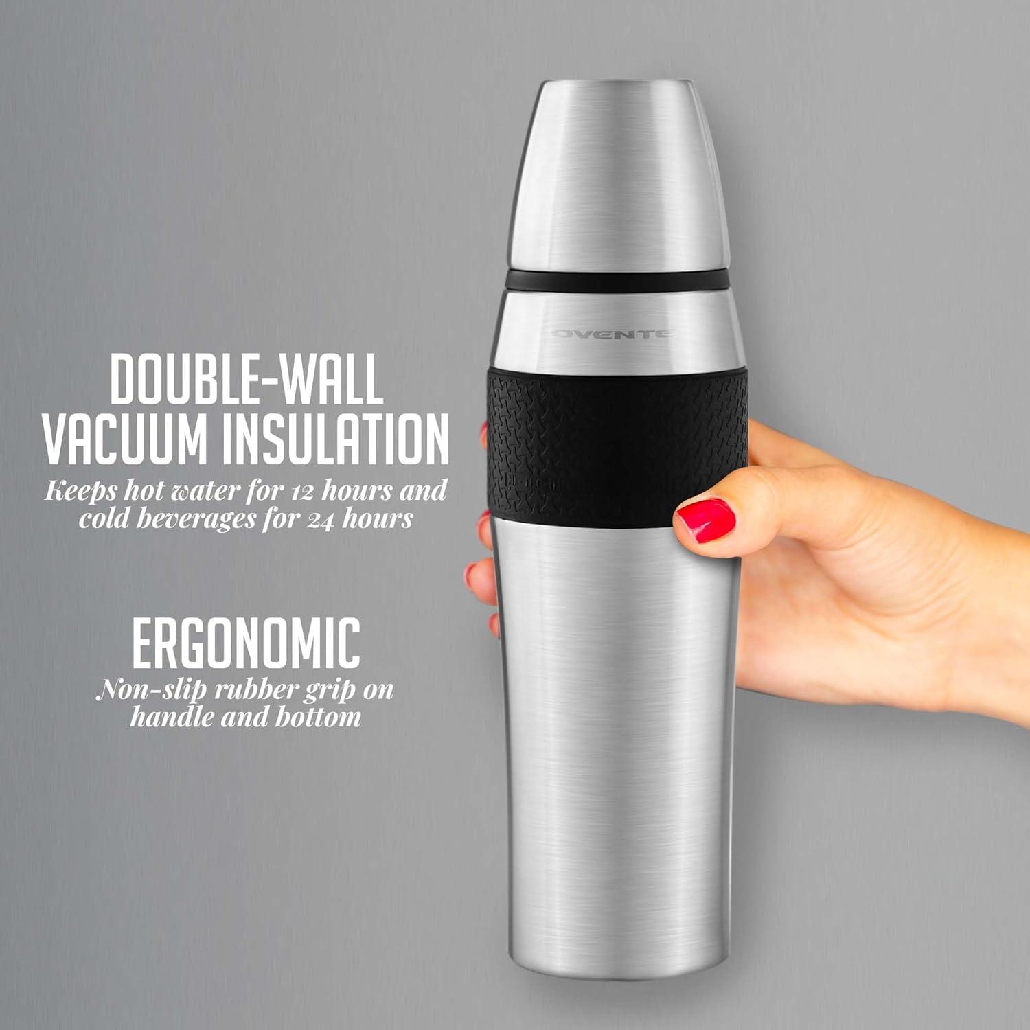 image:imageOvente Stainless Steel Double Walled Vacuum Insulated Mug 26 Ounce BPAFree Leak Free and Spill Proof with Removable Cup Portable Easy Travel and Clean Perfect for Hot or Cold Drinks Silver TSA26S