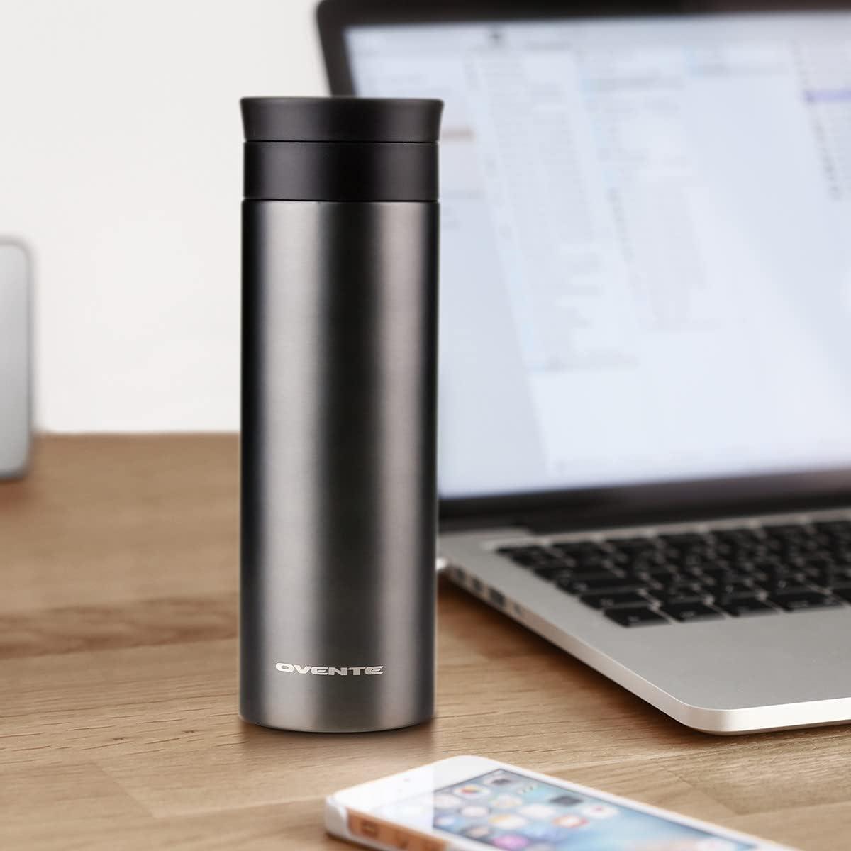 image:imageOvente Stainless Steel Vacuum Insulated Coffee Water Mug 16 oz Portable Double Wall Handheld Tumbler with Tea Infuser BPAFree Spill Proof Travel Friendly for Hot Cold Beverage Gunmetal MSA16G