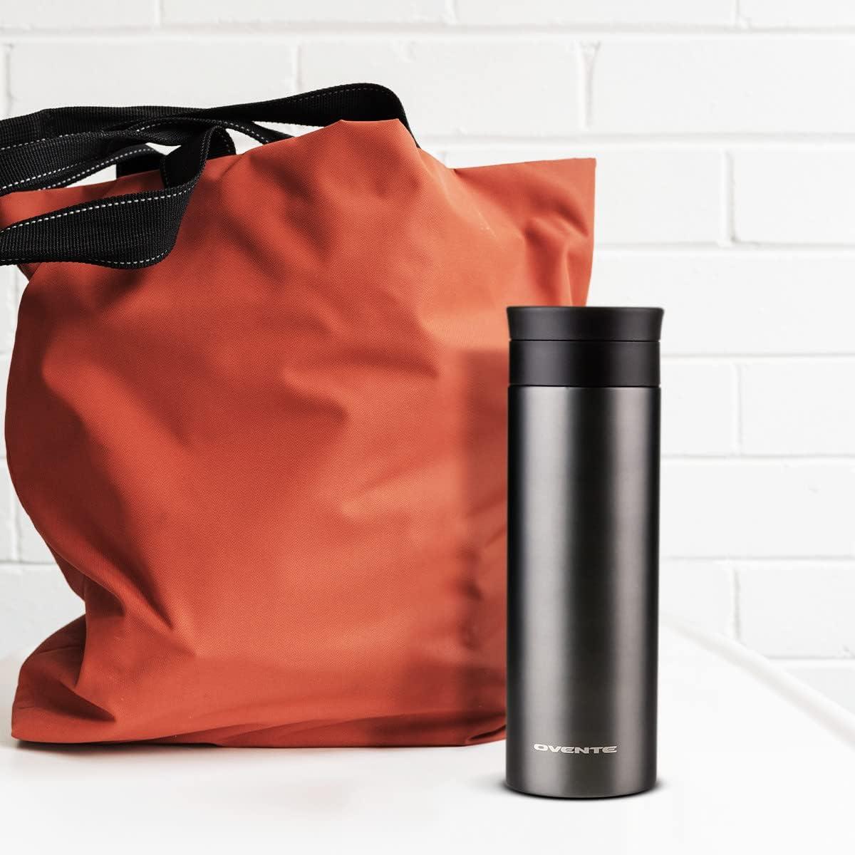 image:imageOvente Stainless Steel Vacuum Insulated Coffee Water Mug 16 oz Portable Double Wall Handheld Tumbler with Tea Infuser BPAFree Spill Proof Travel Friendly for Hot Cold Beverage Gunmetal MSA16G