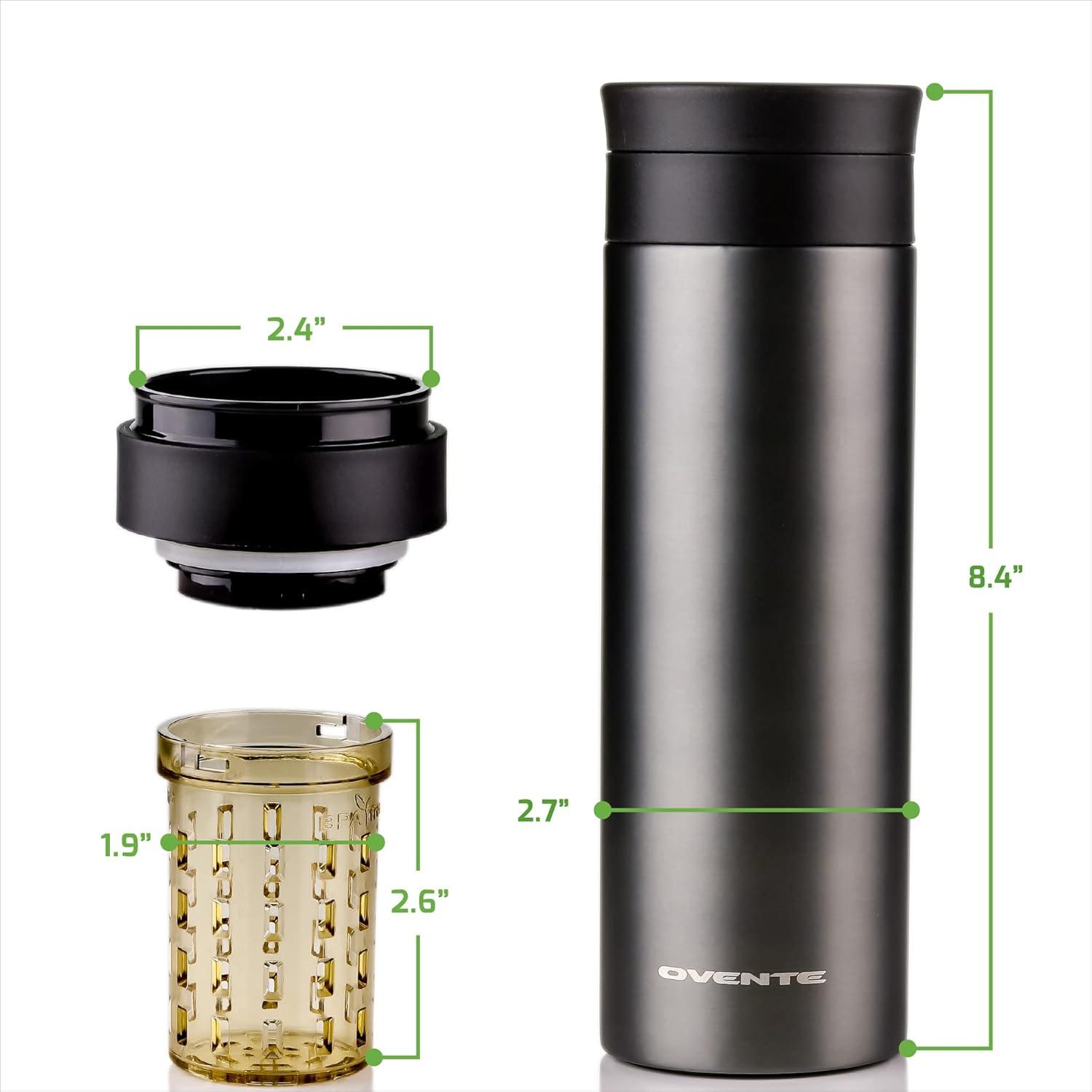 image:imageOvente Stainless Steel Vacuum Insulated Coffee Water Mug 16 oz Portable Double Wall Handheld Tumbler with Tea Infuser BPAFree Spill Proof Travel Friendly for Hot Cold Beverage Gunmetal MSA16G