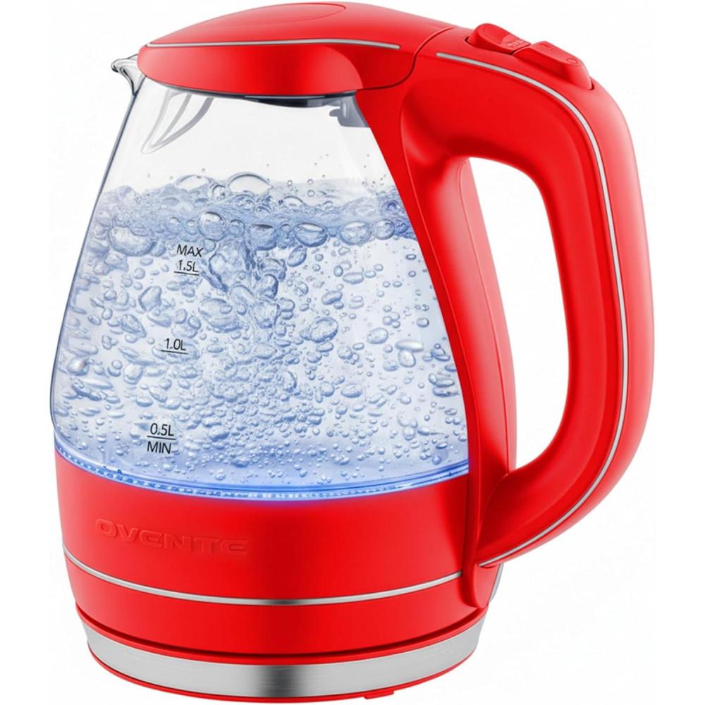 image:imageOVENTE Electric Kettle 15L Borosilicate Glass Countertop Water Heater and Boiler for Coffee or Tea BPAFree Auto ShutOff BoilDry Protection Removable and Washable Spout Filter Purple KG83PRed