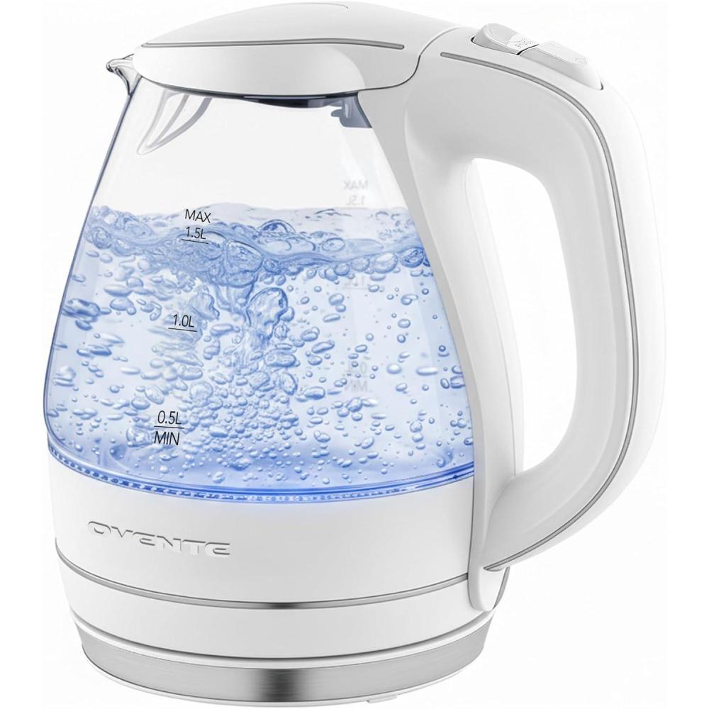 image:imageOVENTE Electric Kettle 15L Borosilicate Glass Countertop Water Heater and Boiler for Coffee or Tea BPAFree Auto ShutOff BoilDry Protection Removable and Washable Spout Filter Red KG83RWhite
