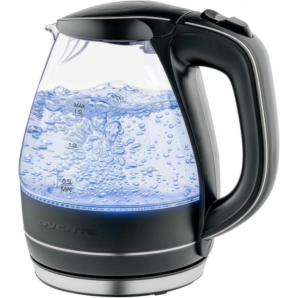 image:imageOVENTE Electric Kettle 15L Borosilicate Glass Countertop Water Heater and Boiler for Coffee or Tea BPAFree Auto ShutOff BoilDry Protection Removable and Washable Spout Filter Red KG83RBlack