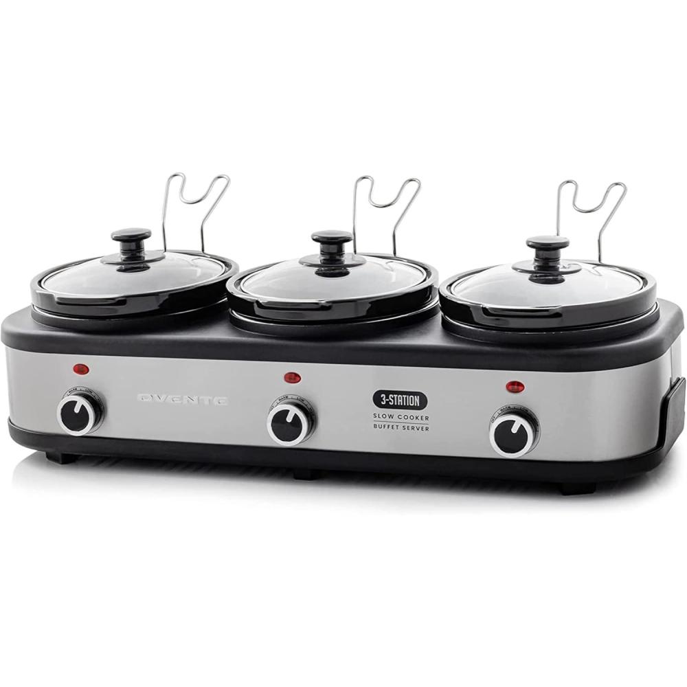 image:imageOVENTE Stainless Steel Triple Slow Cooker Buffet Server with Glass Lid amp Temperature Control 3 Section Station Portable 45 QT Ceramic Pot Food Warmer Easy Clean for Holiday Dinner Silver SLO315CBR