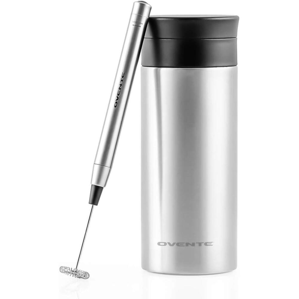 image:imageOvente 2 in 1 Silver Bundle Set with Stainless Steel Handheld Milk Frother and Vacuum Insulated 12 Ounce Travel Mug with Tea Infuser Compact and Portable Easy to Carry Perfect for the Coffee Lover