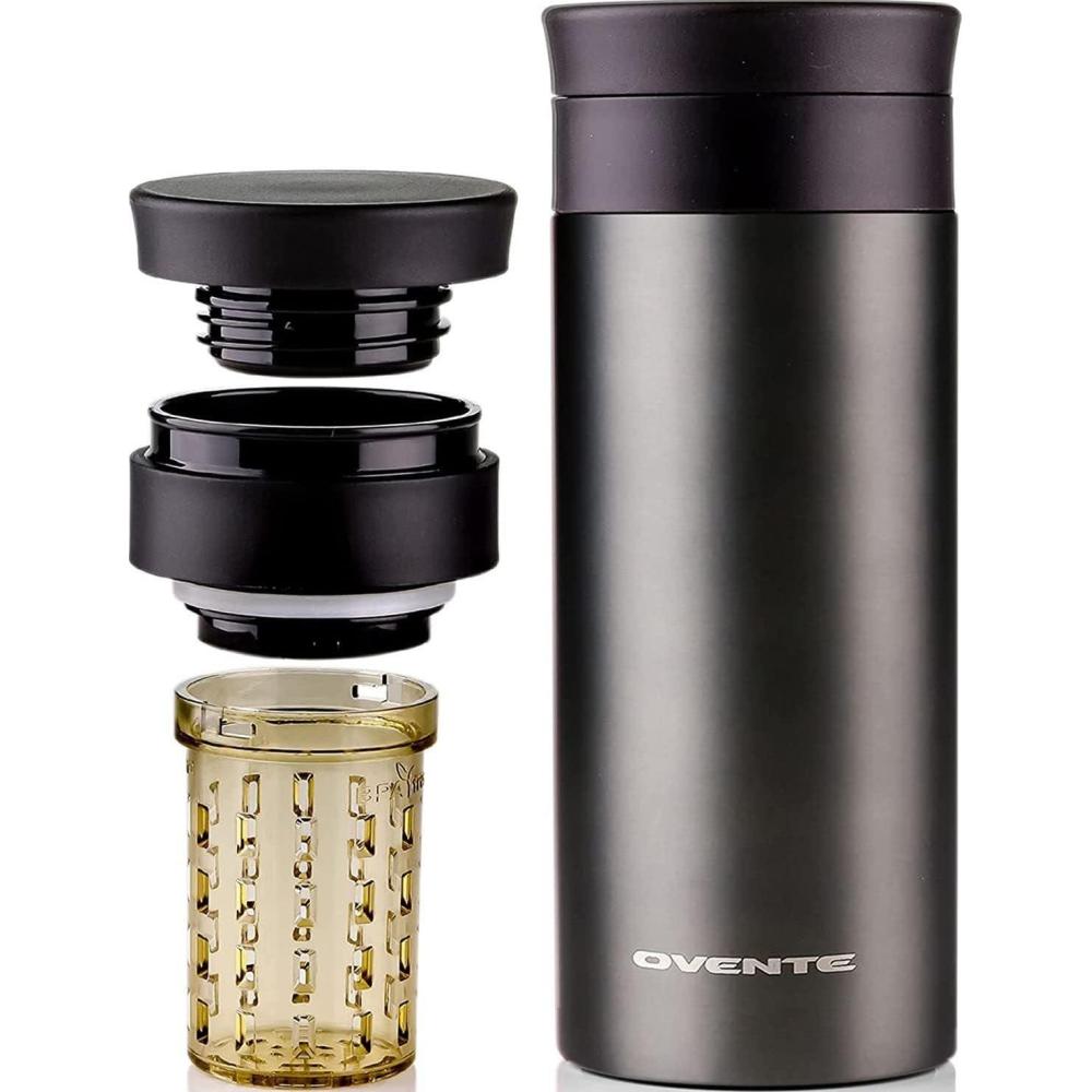 image:imageOvente Stainless Steel Vacuum Insulated Coffee Water Mug 16 oz Portable Double Wall Handheld Tumbler with Tea Infuser BPAFree Spill Proof Travel Friendly for Hot Cold Beverage Gunmetal MSA16G