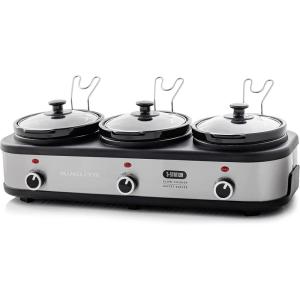 image:imageOVENTE Stainless Steel Triple Slow Cooker Buffet Server with Glass Lid amp Temperature Control 3 Section Station Portable 45 QT Ceramic Pot Food Warmer Easy Clean for Holiday Dinner Silver SLO315CBR