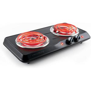 image:imageOVENTE Electric Countertop Double Burner 1700W Cooktop with 6 and 575 Stainless Steel Coil Hot Plates 5 Level Temperature Control Indicator Lights and Easy to Clean Cooking Stove Silver BGC102SBGC102B  Black