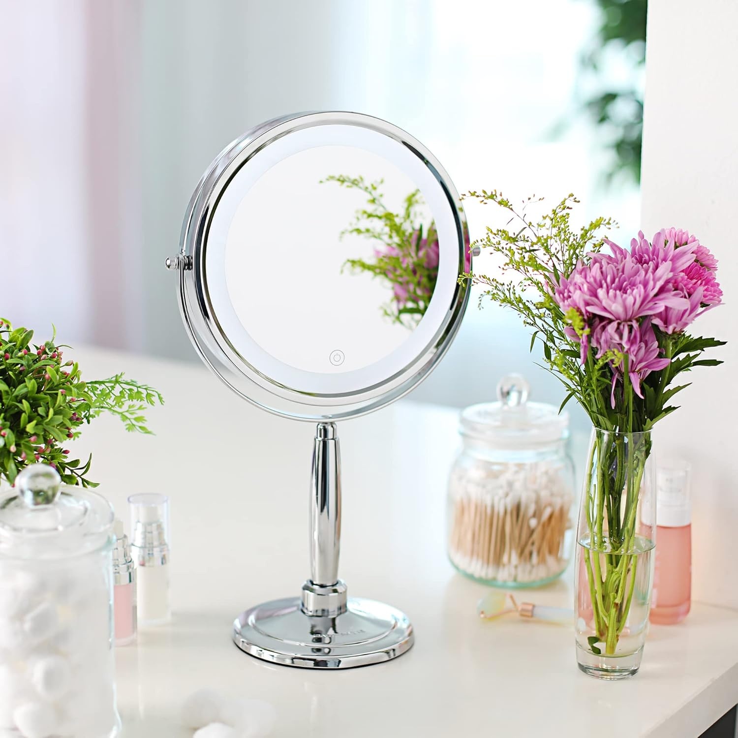 image:imageOVENTE 7 Lighted Makeup Mirror with 1X8X Magnification Cordless MultiFunctional Round Vanity Mirror with 360 Swivel Design Double Sided and Three Toned LED Lights Nickel Brushed MFM70BR1X8XNickle Brushed