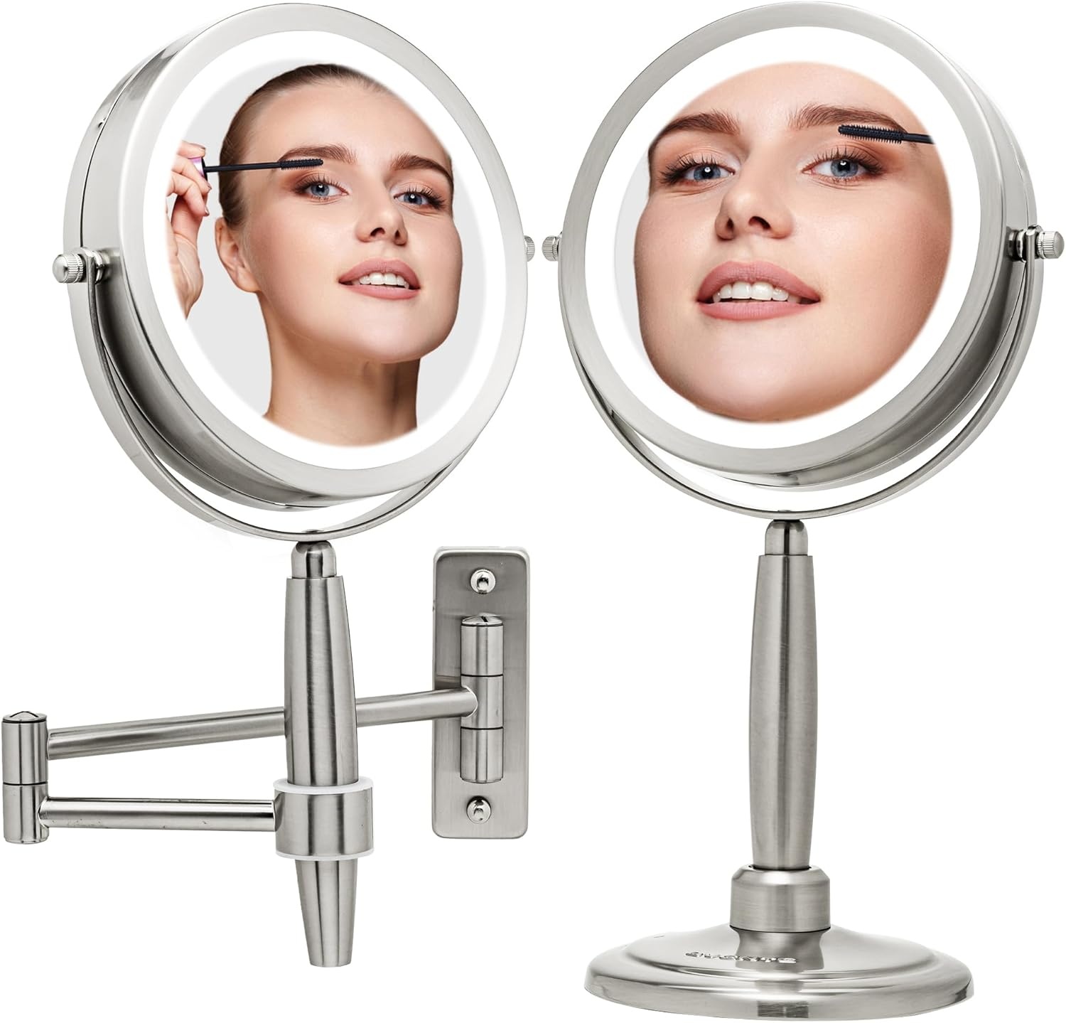 image:imageOVENTE 7 Lighted Makeup Mirror with 1X8X Magnification Cordless MultiFunctional Round Vanity Mirror with 360 Swivel Design Double Sided and Three Toned LED Lights Nickel Brushed MFM70BR1X8XNickle Brushed