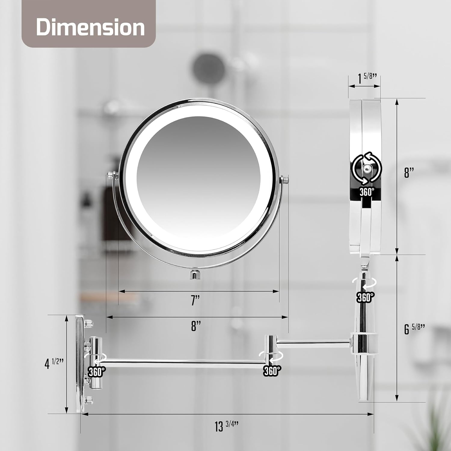 image:imageOVENTE 7 Lighted Makeup Mirror with 1X8X Magnification Cordless MultiFunctional Round Vanity Mirror with 360 Swivel Design Double Sided and Three Toned LED Lights Nickel Brushed MFM70BR1X8XNickle Brushed