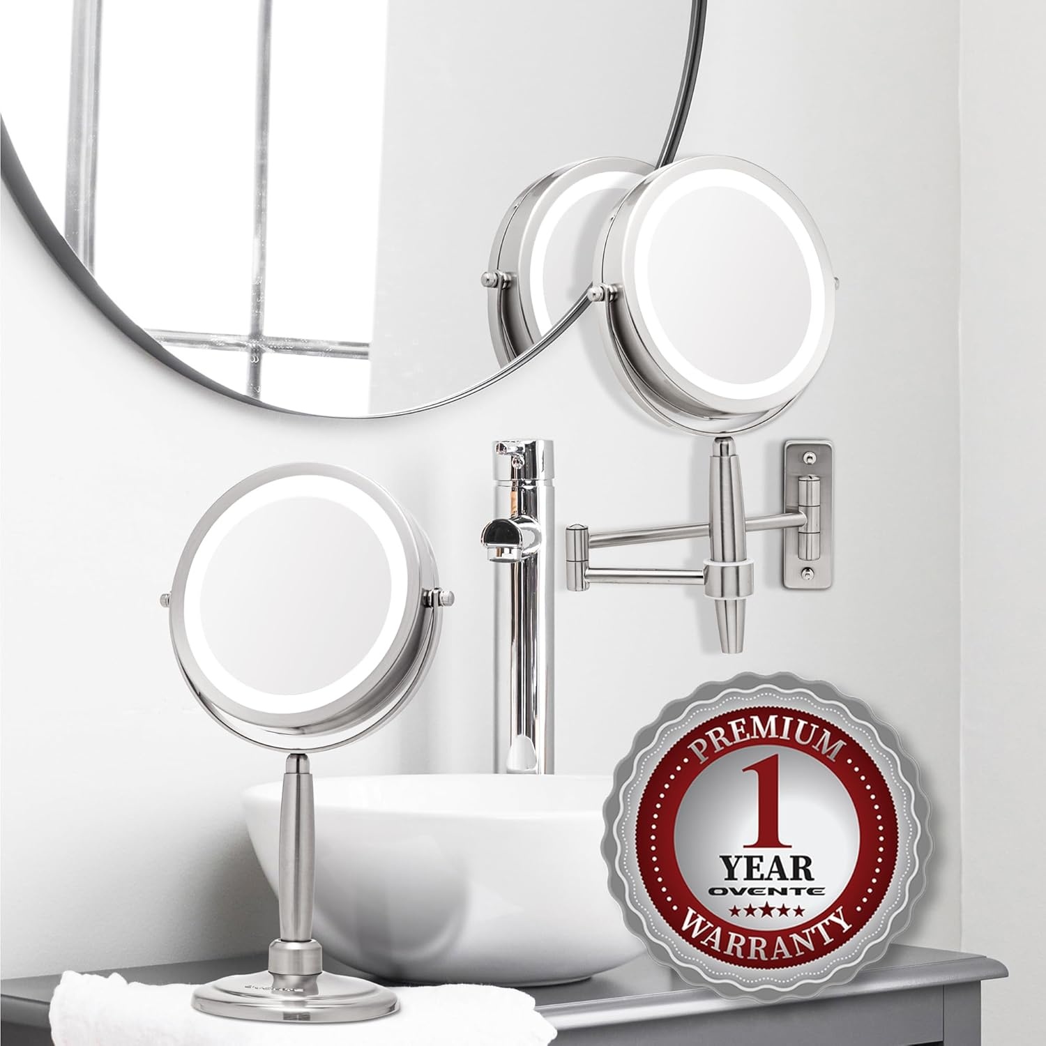 image:imageOVENTE 7 Lighted Makeup Mirror with 1X8X Magnification Cordless MultiFunctional Round Vanity Mirror with 360 Swivel Design Double Sided and Three Toned LED Lights Nickel Brushed MFM70BR1X8XNickle Brushed
