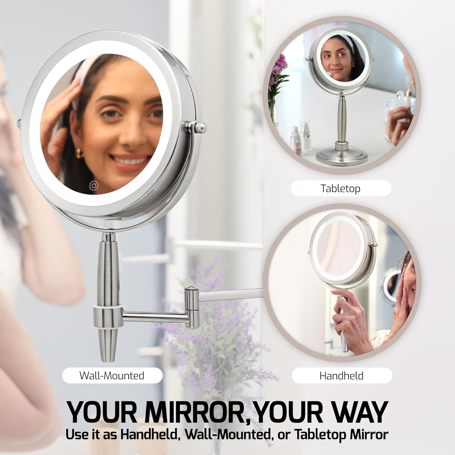 image:imageOVENTE 7 Lighted Makeup Mirror with 1X8X Magnification Cordless MultiFunctional Round Vanity Mirror with 360 Swivel Design Double Sided and Three Toned LED Lights Nickel Brushed MFM70BR1X8XNickle Brushed
