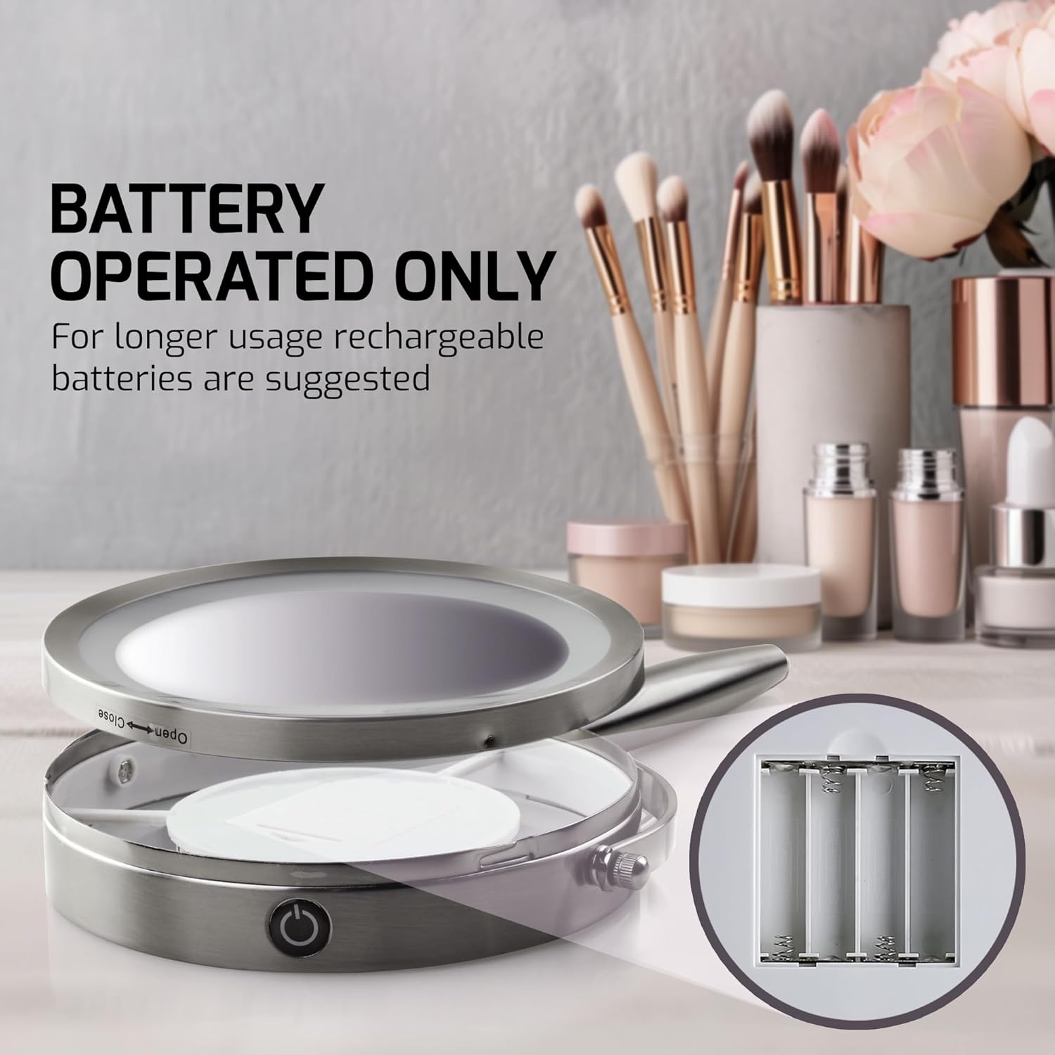 image:imageOVENTE 7 Lighted Makeup Mirror with 1X8X Magnification Cordless MultiFunctional Round Vanity Mirror with 360 Swivel Design Double Sided and Three Toned LED Lights Nickel Brushed MFM70BR1X8XNickle Brushed