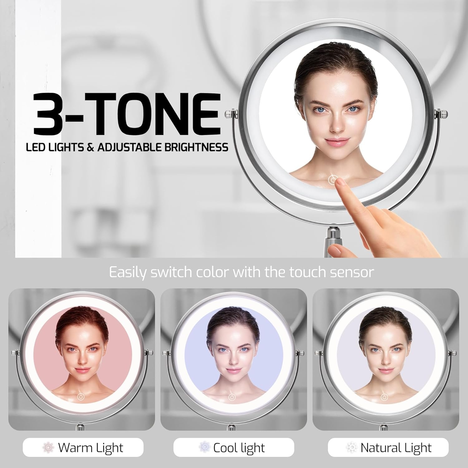 image:imageOVENTE 7 Lighted Makeup Mirror with 1X8X Magnification Cordless MultiFunctional Round Vanity Mirror with 360 Swivel Design Double Sided and Three Toned LED Lights Nickel Brushed MFM70BR1X8XNickle Brushed