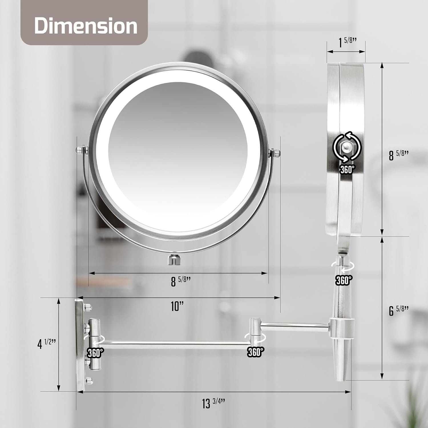 image:imageOVENTE 7 Lighted Makeup Mirror with 1X8X Magnification Cordless MultiFunctional Round Vanity Mirror with 360 Swivel Design Double Sided and Three Toned LED Lights Nickel Brushed MFM70BR1X8XNickle Brushed