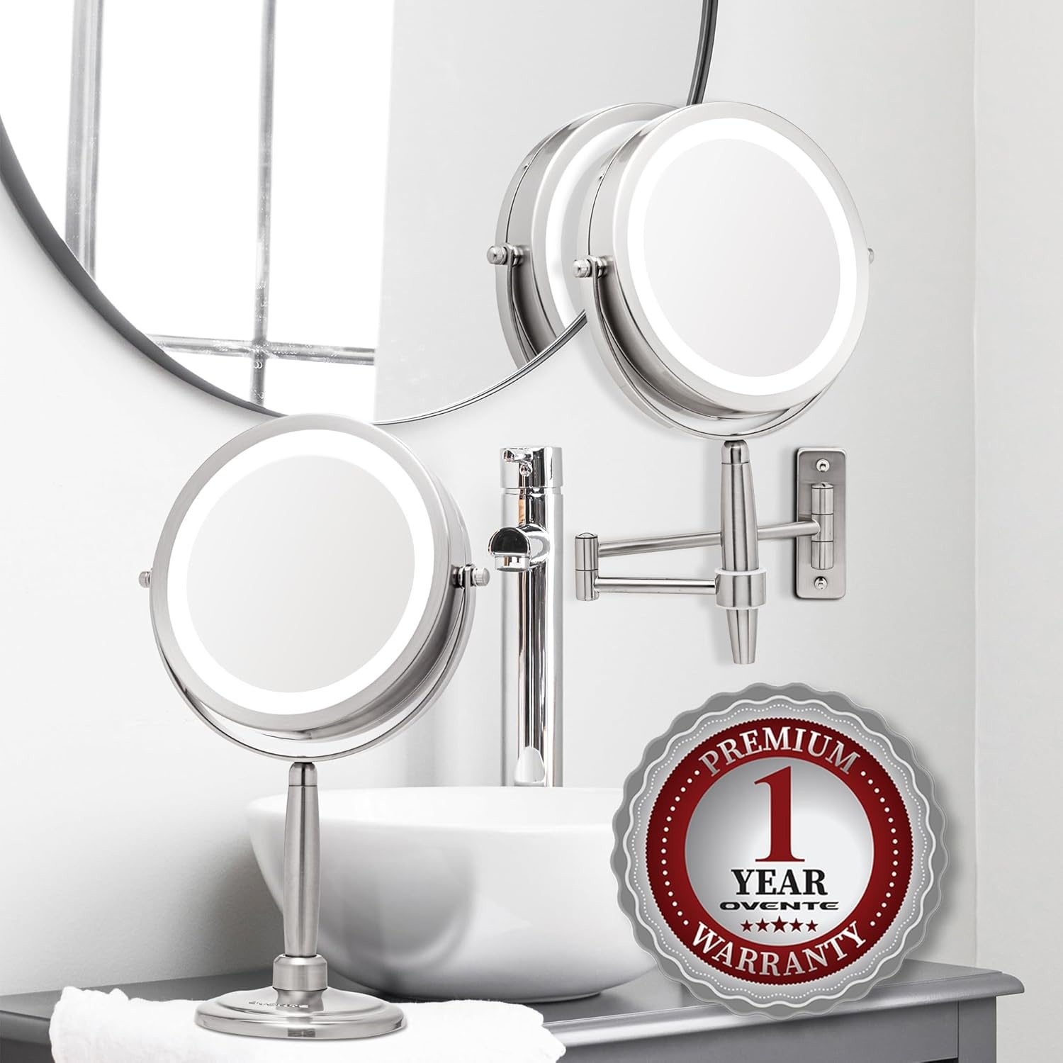 image:imageOVENTE 7 Lighted Makeup Mirror with 1X8X Magnification Cordless MultiFunctional Round Vanity Mirror with 360 Swivel Design Double Sided and Three Toned LED Lights Nickel Brushed MFM70BR1X8XNickle Brushed