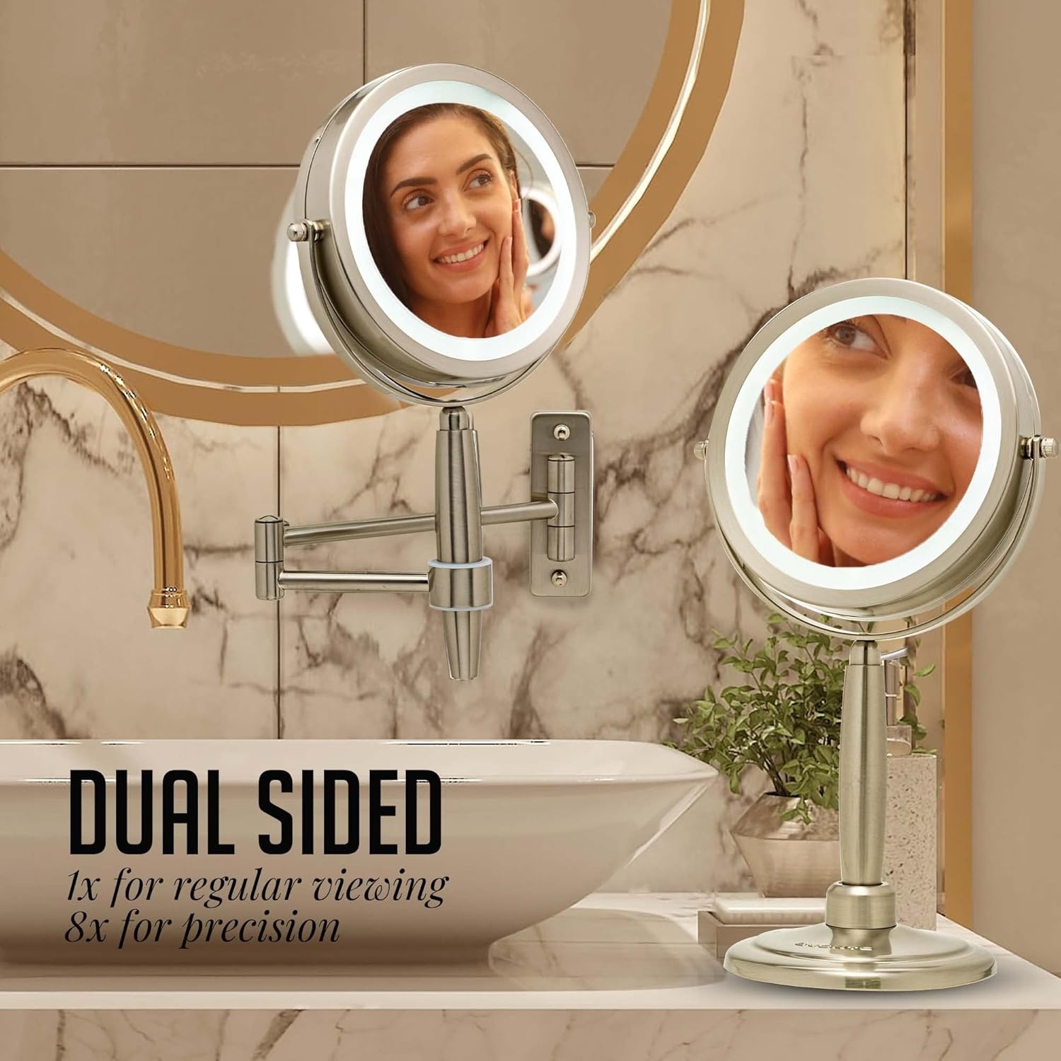 image:imageOVENTE 7 Lighted Makeup Mirror with 1X8X Magnification Cordless MultiFunctional Round Vanity Mirror with 360 Swivel Design Double Sided and Three Toned LED Lights Nickel Brushed MFM70BR1X8XNickle Brushed
