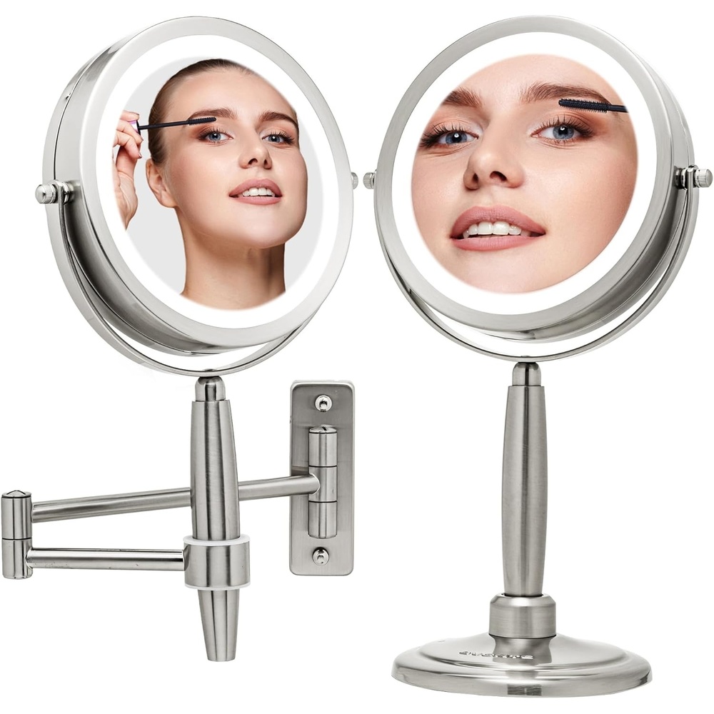 image:imageOVENTE 7 Lighted Makeup Mirror with 1X8X Magnification Cordless MultiFunctional Round Vanity Mirror with 360 Swivel Design Double Sided and Three Toned LED Lights Nickel Brushed MFM70BR1X8XNickle Brushed