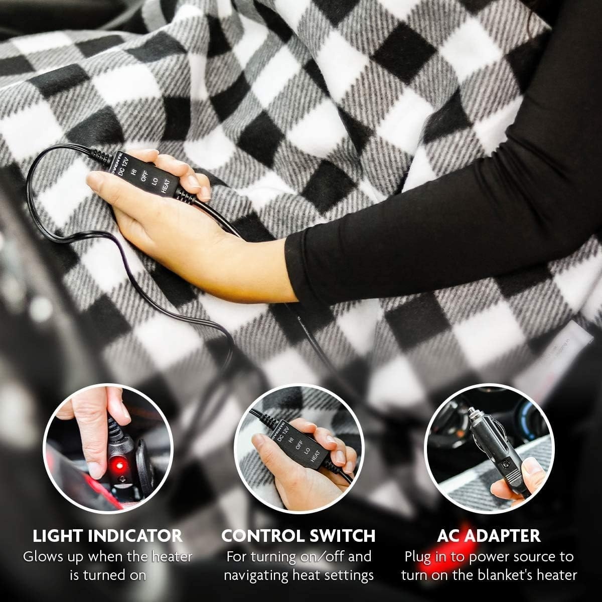 image:imageOVENTE 12Volt Heated Car Blanket Portable Electric Blanket with Temperature Control amp Overheat Protection 39x57 Winter Heating Blanket for Truck SUV RV Camping or Travel Black Plaid BL4602BW