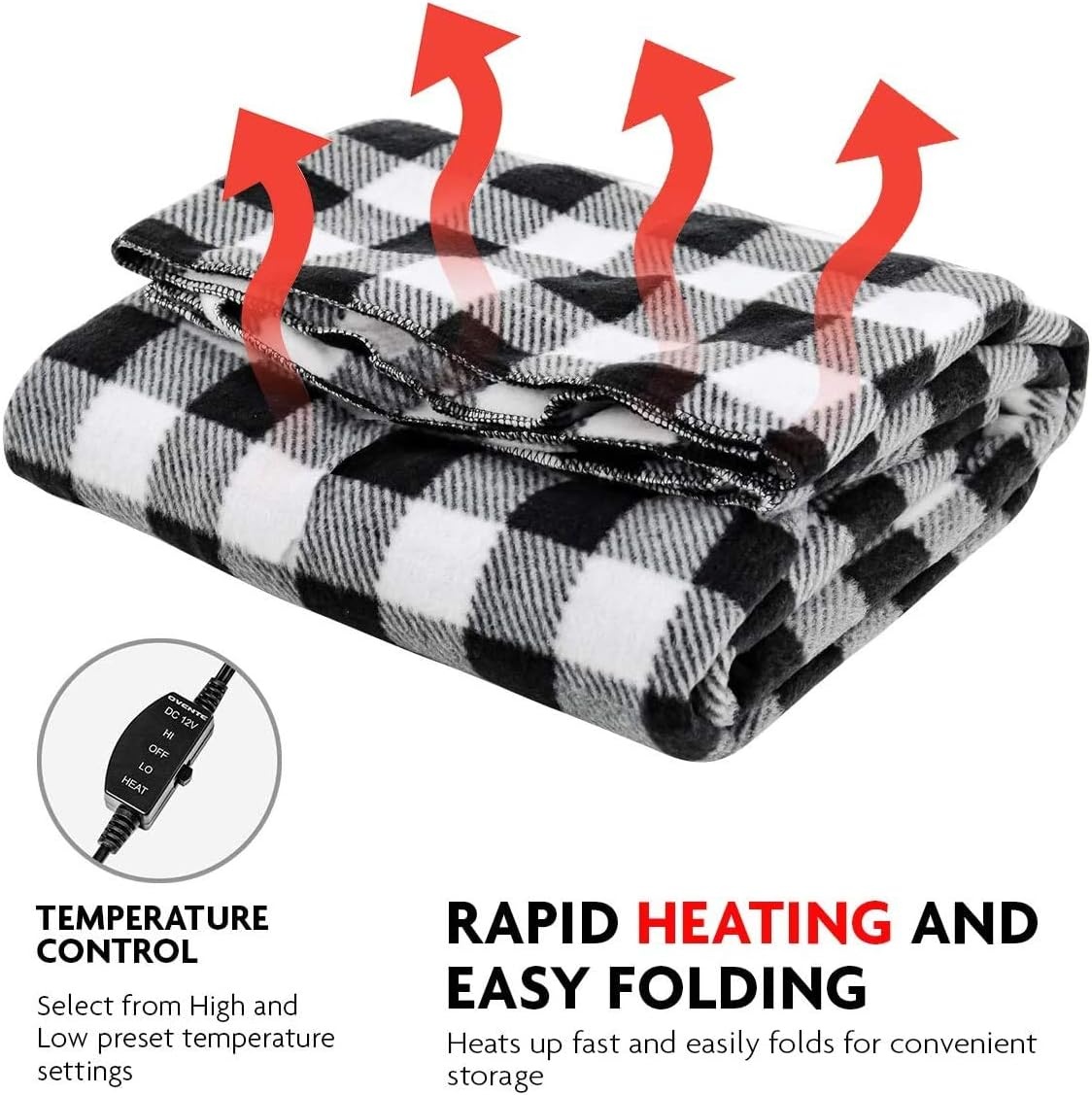 image:imageOVENTE 12Volt Heated Car Blanket Portable Electric Blanket with Temperature Control amp Overheat Protection 39x57 Winter Heating Blanket for Truck SUV RV Camping or Travel Black Plaid BL4602BW