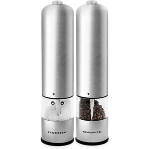 image:imageOVENTE Electric Stainless Steel Tall Sea Salt and Pepper Grinder Set with Ceramic Blade Battery Operated Adjustable Coarseness Salt amp Pepper Mill Automatic One Handed Touch Pack of 2 Silver SPD112SSilver  SPD112S