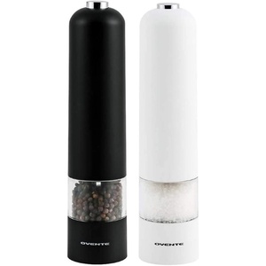 image:imageOVENTE Electric Stainless Steel Tall Sea Salt and Pepper Grinder Set with Ceramic Blade Battery Operated Adjustable Coarseness Salt amp Pepper Mill Automatic One Handed Touch Pack of 2 Silver SPD112SBlackWhite